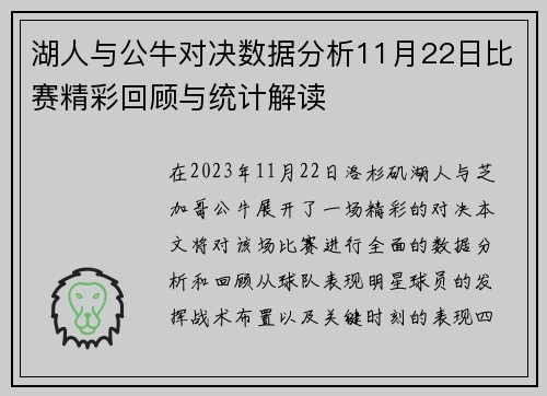 湖人与公牛对决数据分析11月22日比赛精彩回顾与统计解读