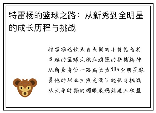 特雷杨的篮球之路：从新秀到全明星的成长历程与挑战