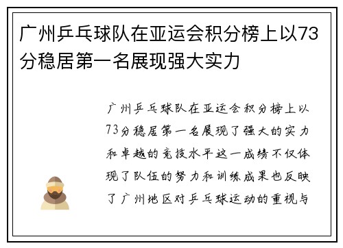 广州乒乓球队在亚运会积分榜上以73分稳居第一名展现强大实力