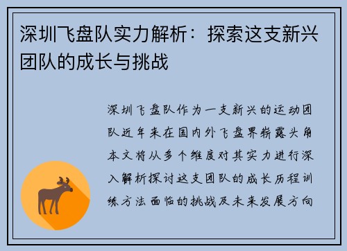 深圳飞盘队实力解析：探索这支新兴团队的成长与挑战