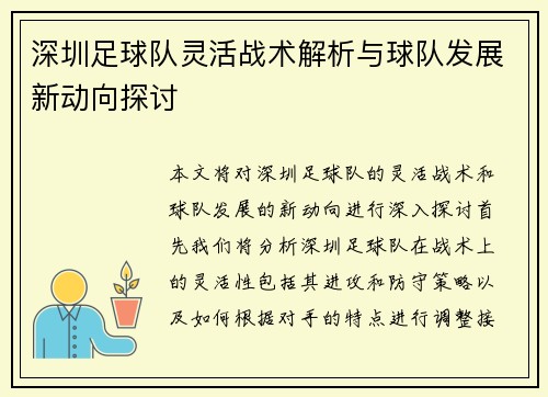 深圳足球队灵活战术解析与球队发展新动向探讨