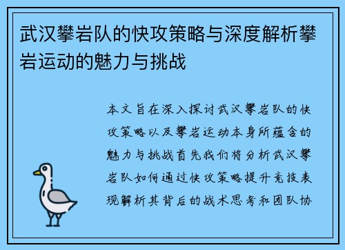 武汉攀岩队的快攻策略与深度解析攀岩运动的魅力与挑战