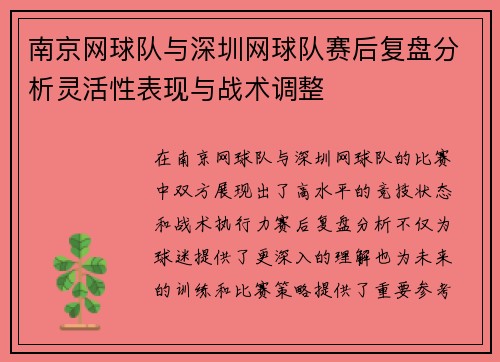南京网球队与深圳网球队赛后复盘分析灵活性表现与战术调整