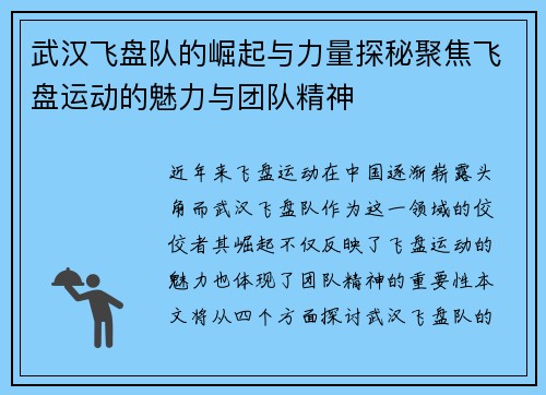 武汉飞盘队的崛起与力量探秘聚焦飞盘运动的魅力与团队精神